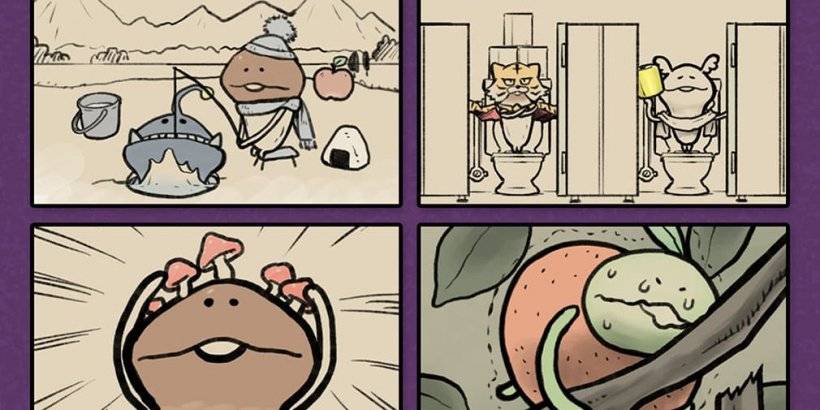 四个面板。左上方显示蘑菇,试图通过冰上的一个小洞将一条大鱼带走。右上显示在厕所上的蘑菇公共限制性拿着厕纸。左下方显示蘑菇,头上有小蘑菇。右下显示了一个绿色蘑菇,试图将橙色从树枝上推开