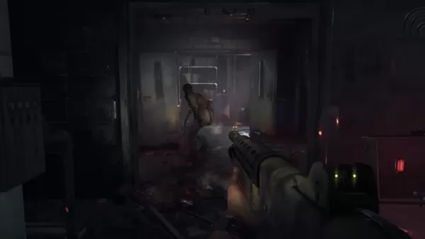 Screenshot of Kyle Crane in Dying Light firing a gun at an infected, dark room lit by flashlight
