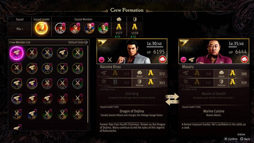 Ang screen ng Crew Formation Stat para sa Masaru sa Tulad ng isang Dragon: Pirate Yakuza sa Hawaii