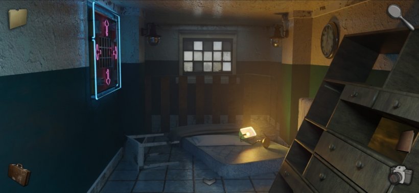 A corridor with a clock on the wall in A Fragile Mind