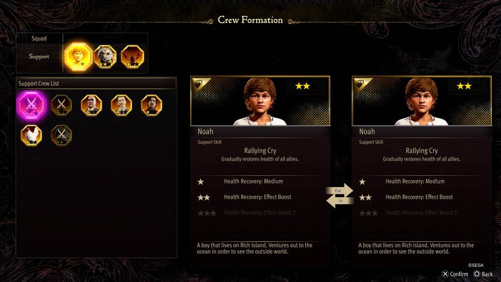 Ang Crew Formation Stat Screen para kay Noah sa Tulad ng isang Dragon: Pirate Yakuza sa Hawaii