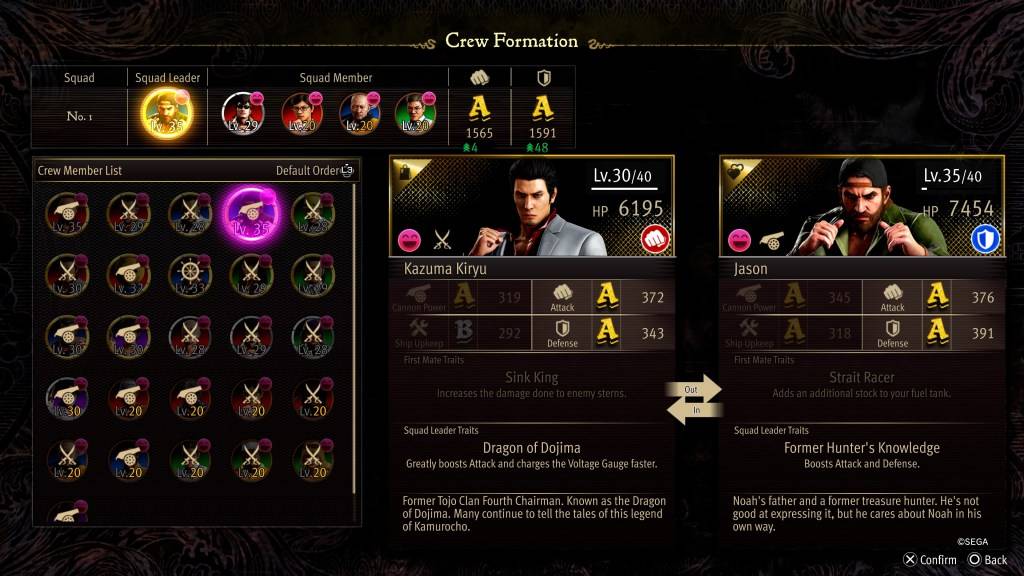 Ang screen ng Crew Formation Stat para kay Jason sa Tulad ng isang Dragon: Pirate Yakuza sa Hawaii