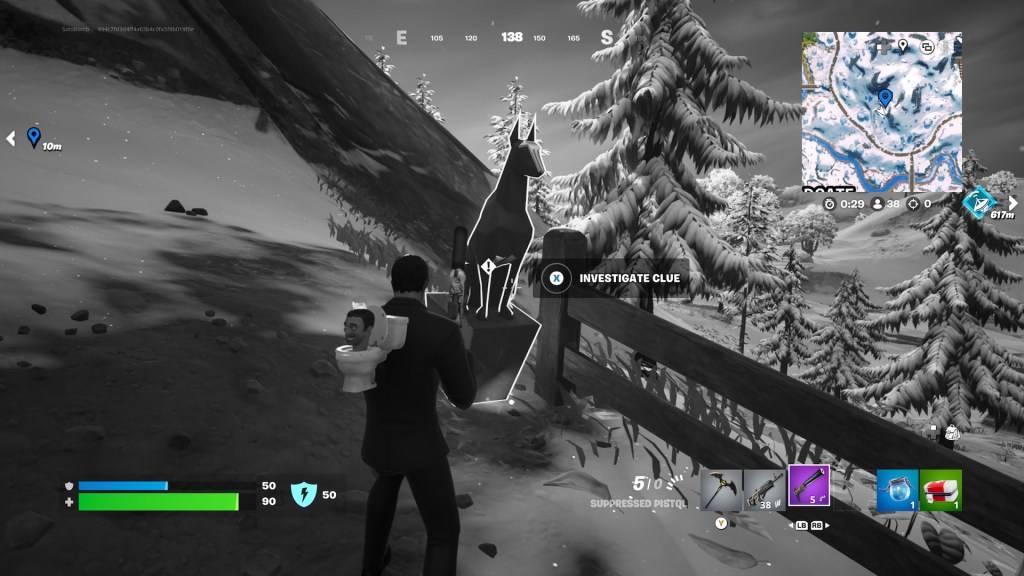 La statua del cane come parte di un articolo su come seguire il sentiero e mettere in discussione il viaggiatore sconosciuto a Fortnite.