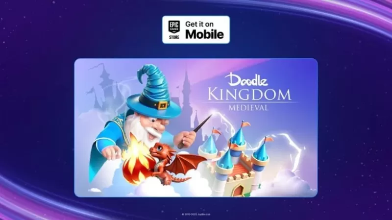 Ang imahe ng promosyonal na kaharian ng kaharian na nagpapakita ng isang wizard na kumakaway sa kanyang wand sa isang dragon