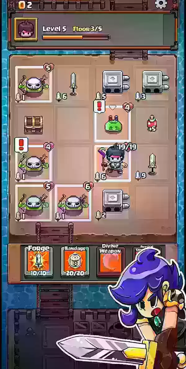 Grid Expedition gameplay showing an anime-style warrior engaged in grid combat with various monsters