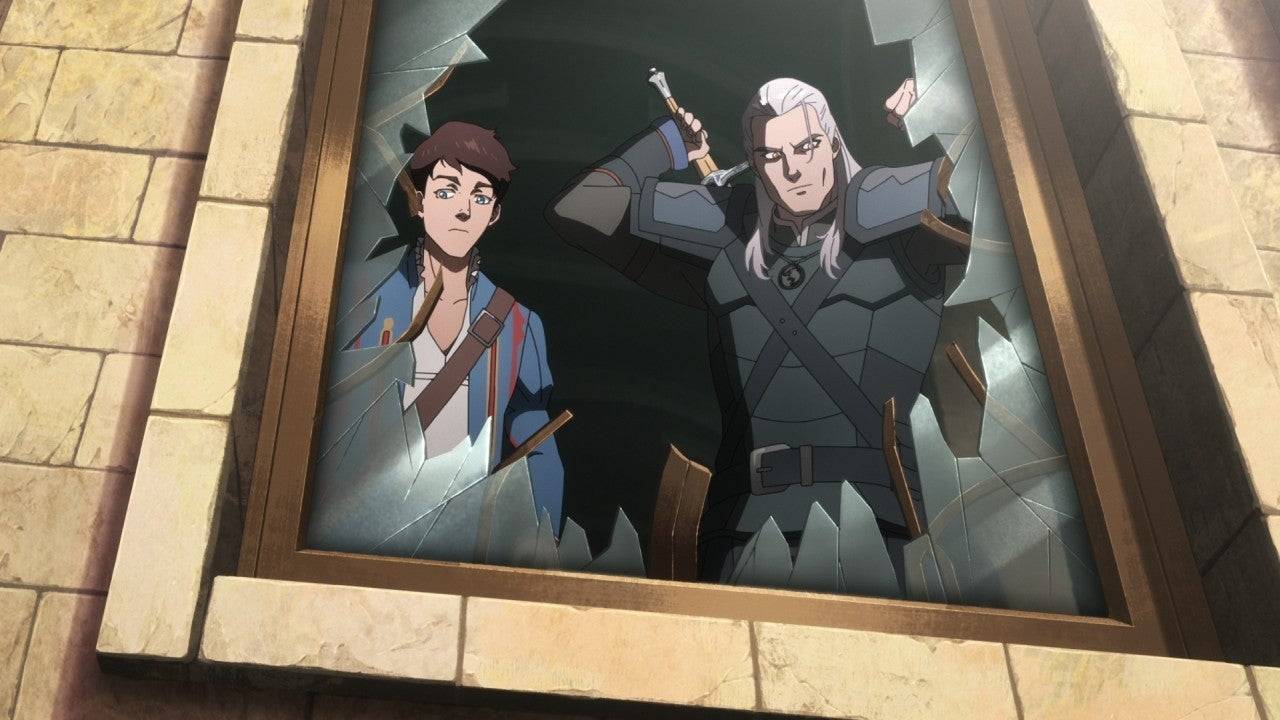 Ang Geralt ni Doug Cockle ay lumilitaw sa tabi ng jaskier ni Joey Batey at iba pang mga miyembro ng Netflix cast. | Credit ng imahe: Netflix