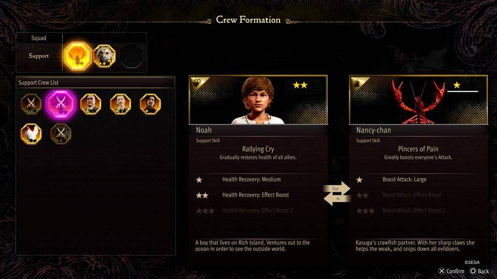 Ang screen ng Crew Formation Stat para sa Nancy-Chan sa Tulad ng isang Dragon: Pirate Yakuza sa Hawaii