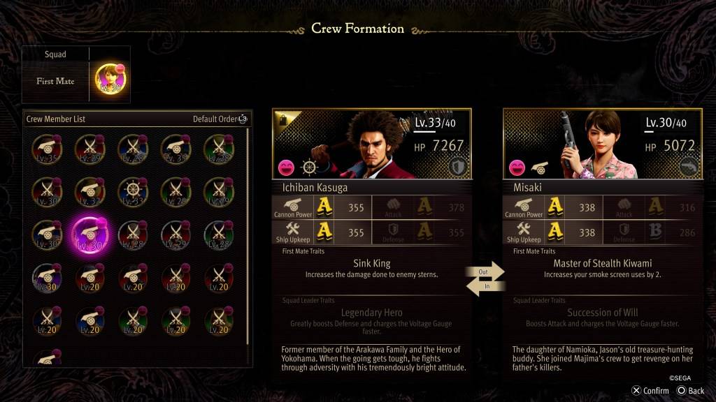 Ang screen ng Crew Formation Stat para sa Misaki sa Tulad ng isang Dragon: Pirate Yakuza sa Hawaii