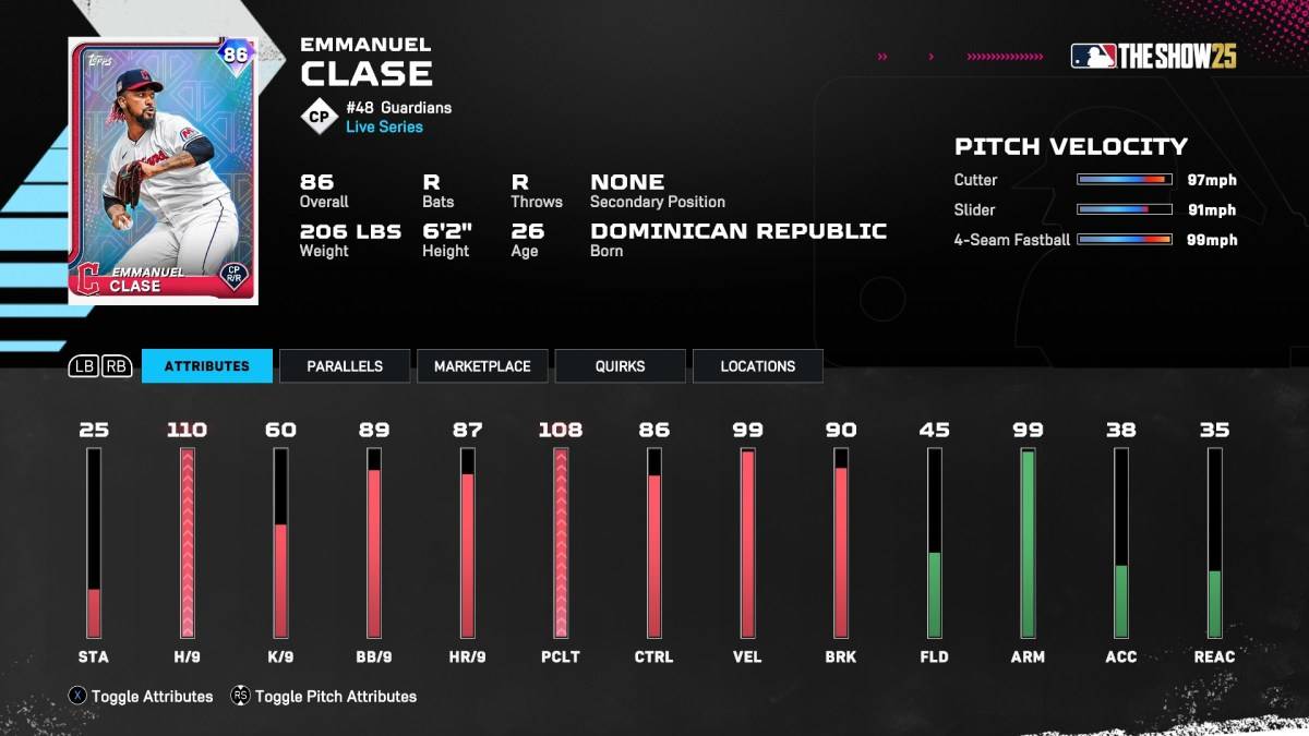Emmanuel Clase là một phần của một bài viết về Thẻ Dynasty Dynasty hay nhất trong MLB The Show 25.