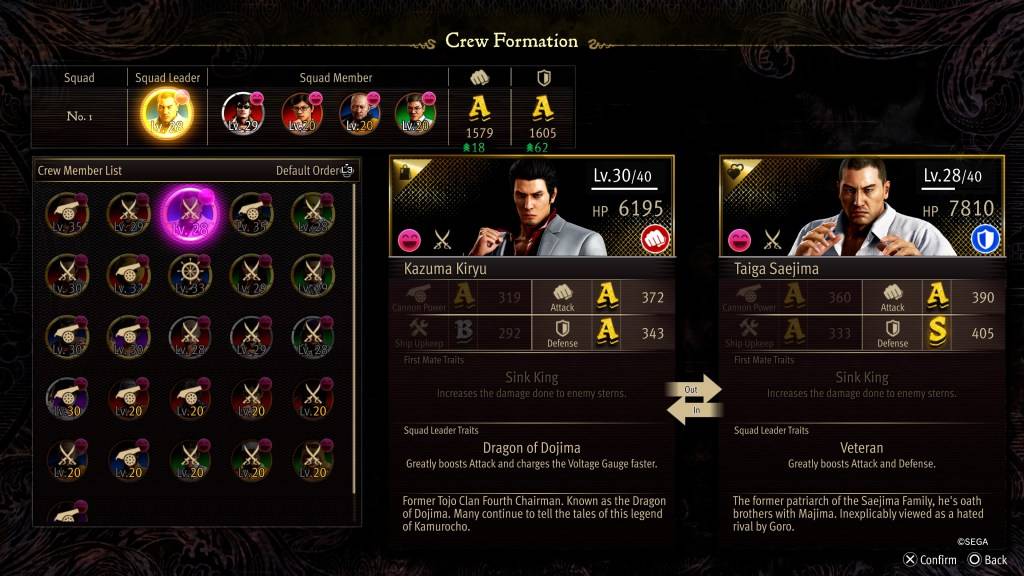 Ang screen ng Crew Formation Stat para sa Taiga Saejima sa Tulad ng isang Dragon: Pirate Yakuza sa Hawaii