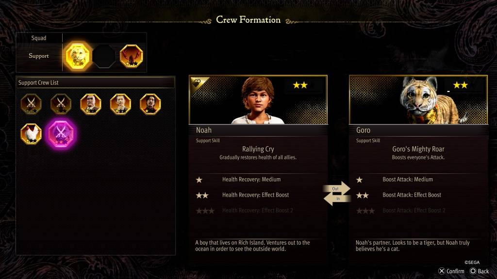 Ang screen ng Crew Formation Stat para sa Goro sa Tulad ng isang Dragon: Pirate Yakuza sa Hawaii