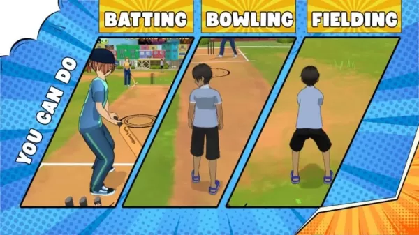 Isang screenshot ng gameplay sa Gully Gangs: Street Cricket na nagpapakita ng batting, bowling, at fielding in action