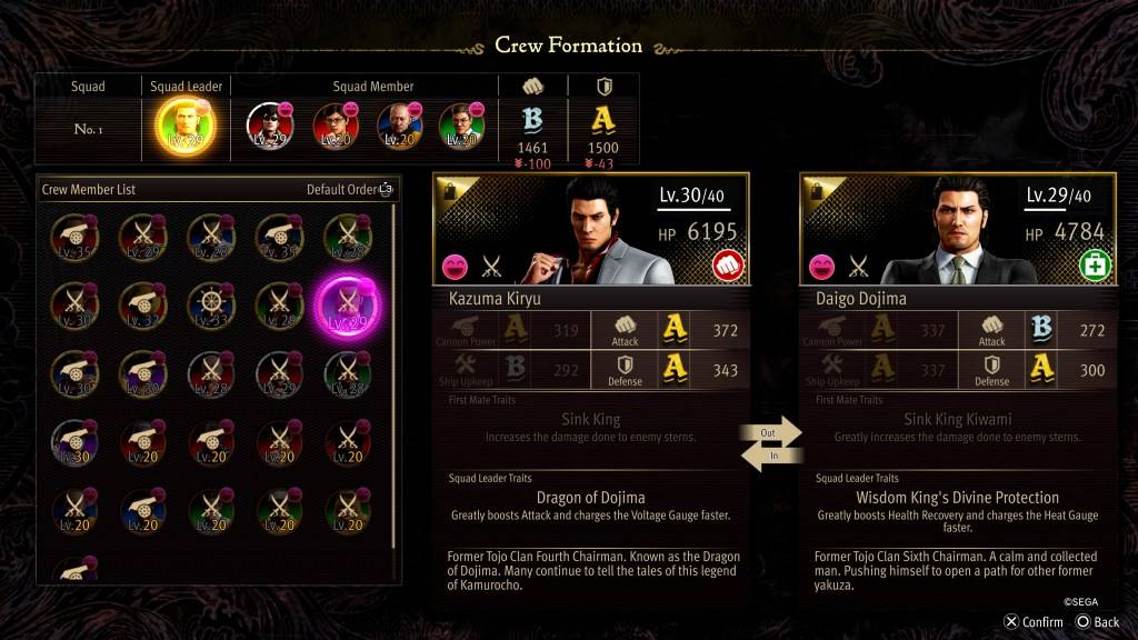 Ang screen ng Crew Formation Stat para sa Daigo Dojima sa Tulad ng isang Dragon: Pirate Yakuza sa Hawaii