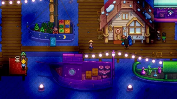 Screenshot of a player exploring the Stardew Valley night market with boats lineup at the pier and different vendors and NPCs interacting with each other