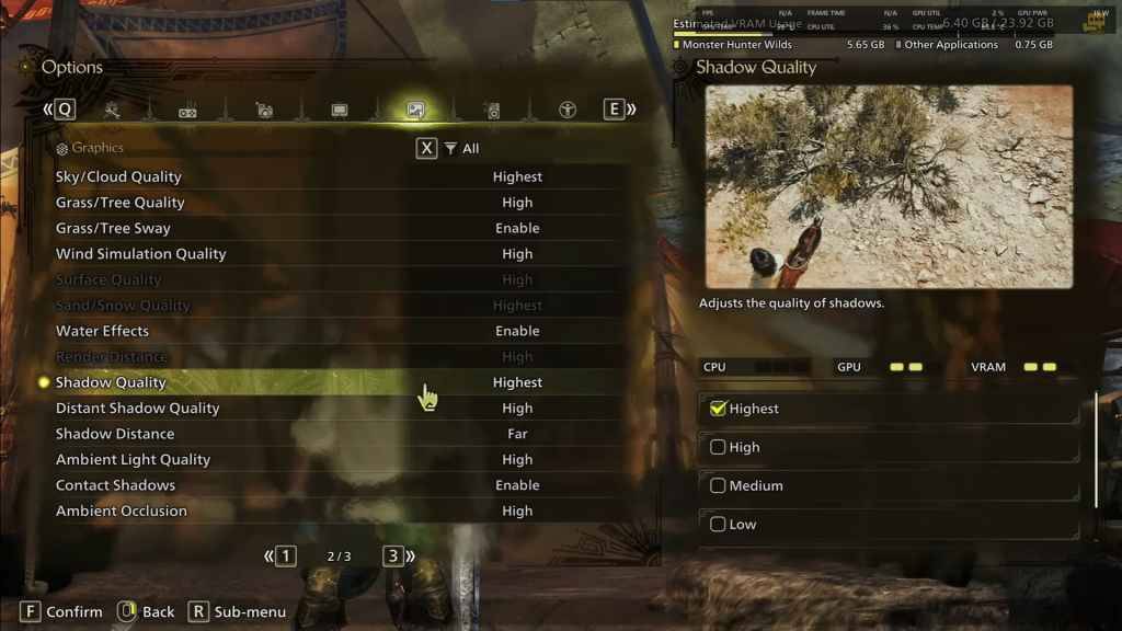 Screenshot ng mga setting ng graphic sa *Monster Hunter Wilds *