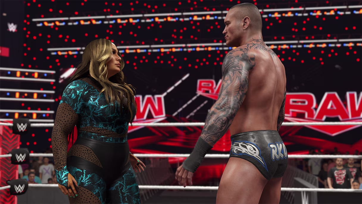 Nia Jax and Randy Orton face off on Monday Night Raw in an Intergender Match in *WWE 2K25*