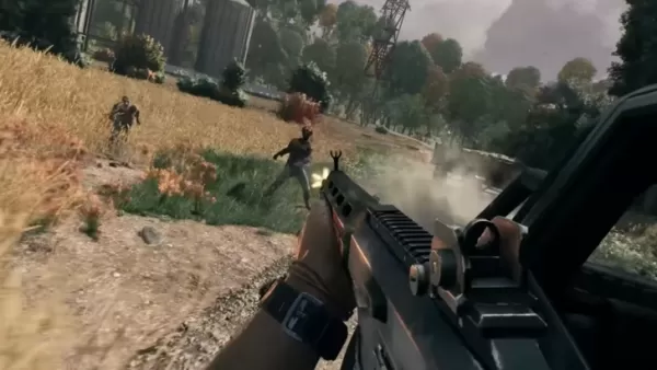 Screenshot of Kyle Crane in Dying Light firing a gun at an infected, field during daytime